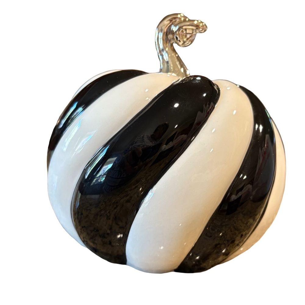 NEW ceramic pumpkin with gold stem -black/white -7”h